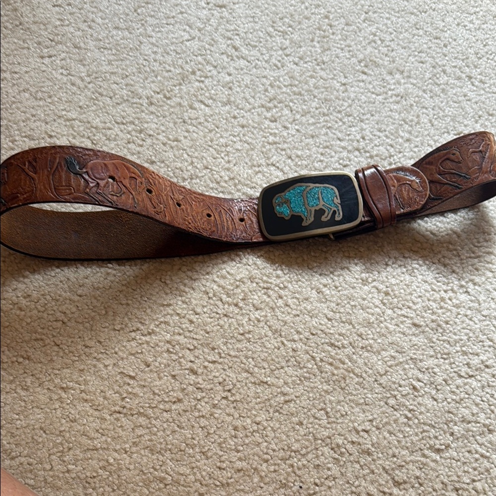 Vintage Brown Leather Belt with Turquoise Buckle